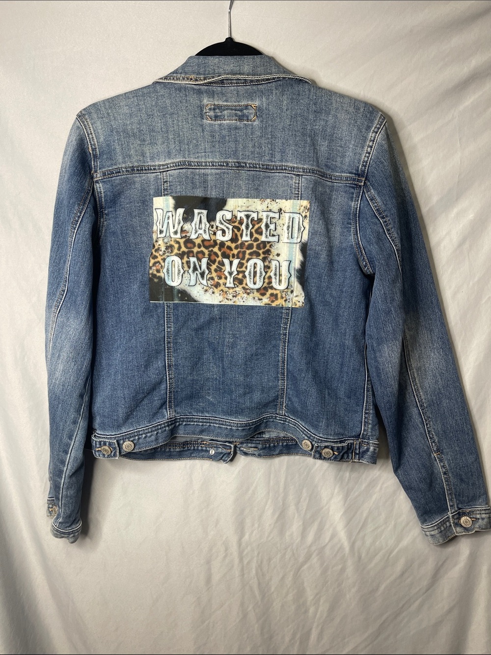 Maurices Light Blue Denim Jacket with Graphic “WASTED ON YOU” Back Patch